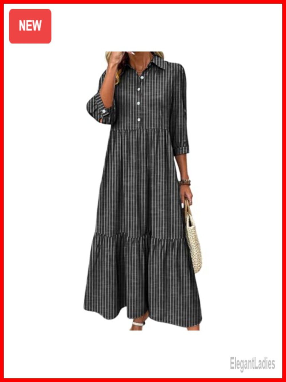 Womens Striped Tiered Maxi Shirt Dress 3/4 Sleeve Collared Casual